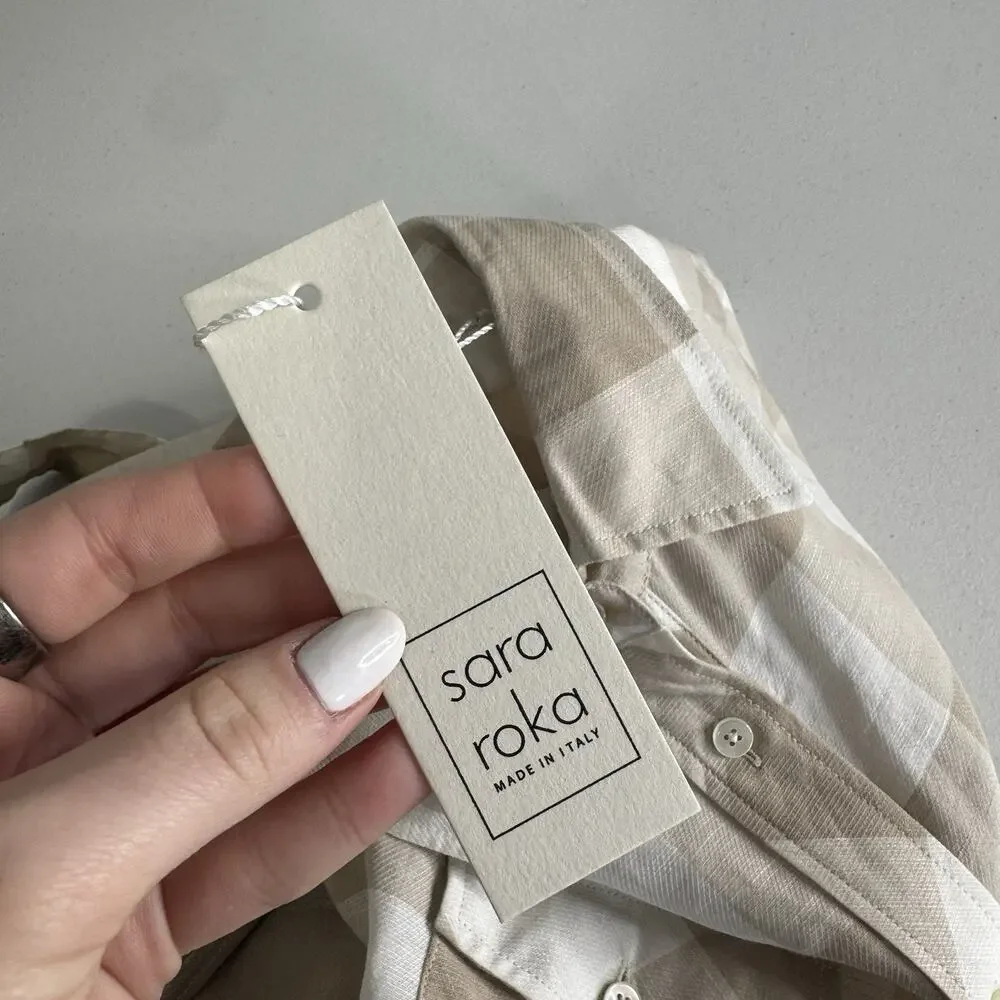 Sara Roka Drake Belted Dress‎ Womens 40 Beige Linen Gingham Shirt Midi Cottage